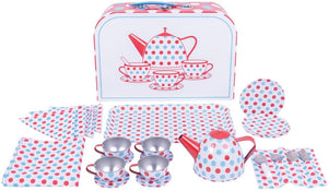 Bigjigs Toys Spotted Tin Tea Set with Carry Case The Bubble Room Toy Store Dublin